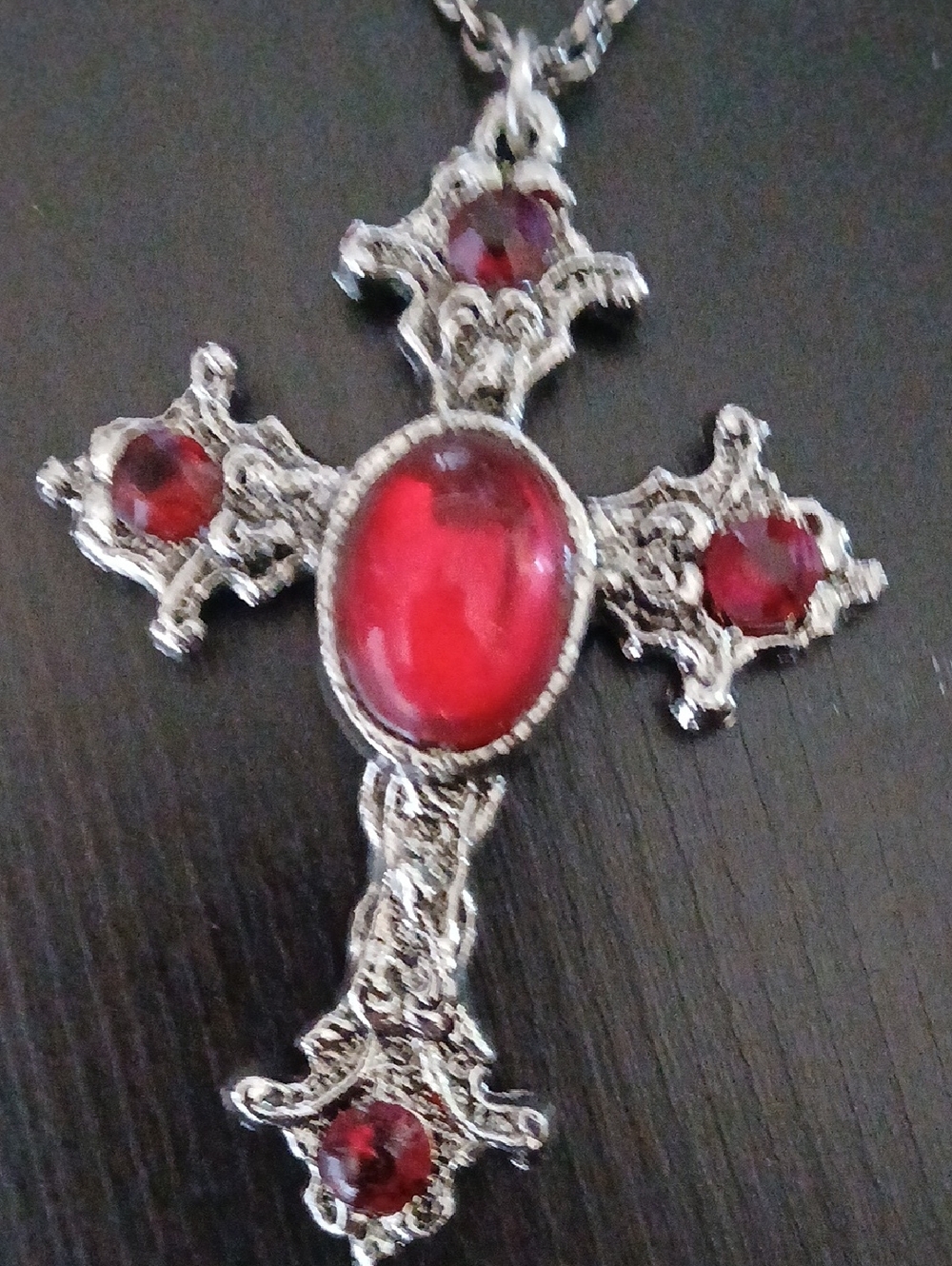 Silver-Tone Cross Pendant Necklace with Red Cabochon
